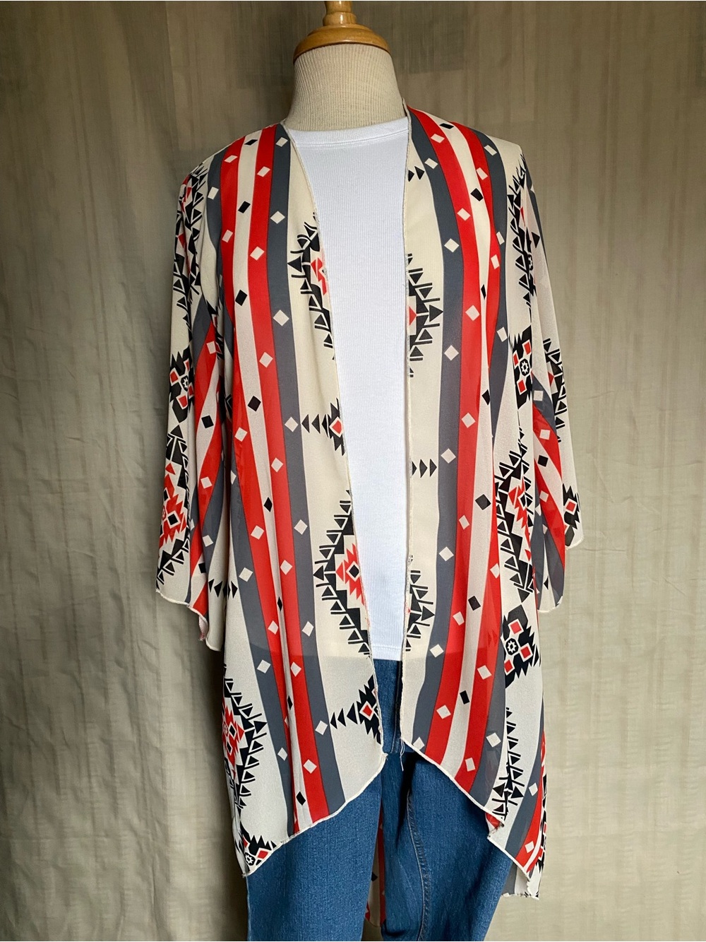 Lucky & Blessed Sheer Open Front Aztec Stripe Kimono